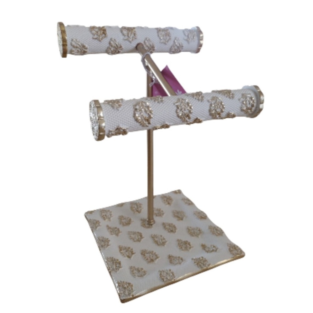 Hillcrest Home Jewelry Stand Two Tiers‎ Resin Gold Beige Floral Heavyweight